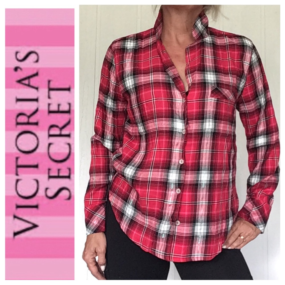 VICTORIAS SECRET PLAID FLANNEL PAJAMA SLEEP TOP MEDIUM